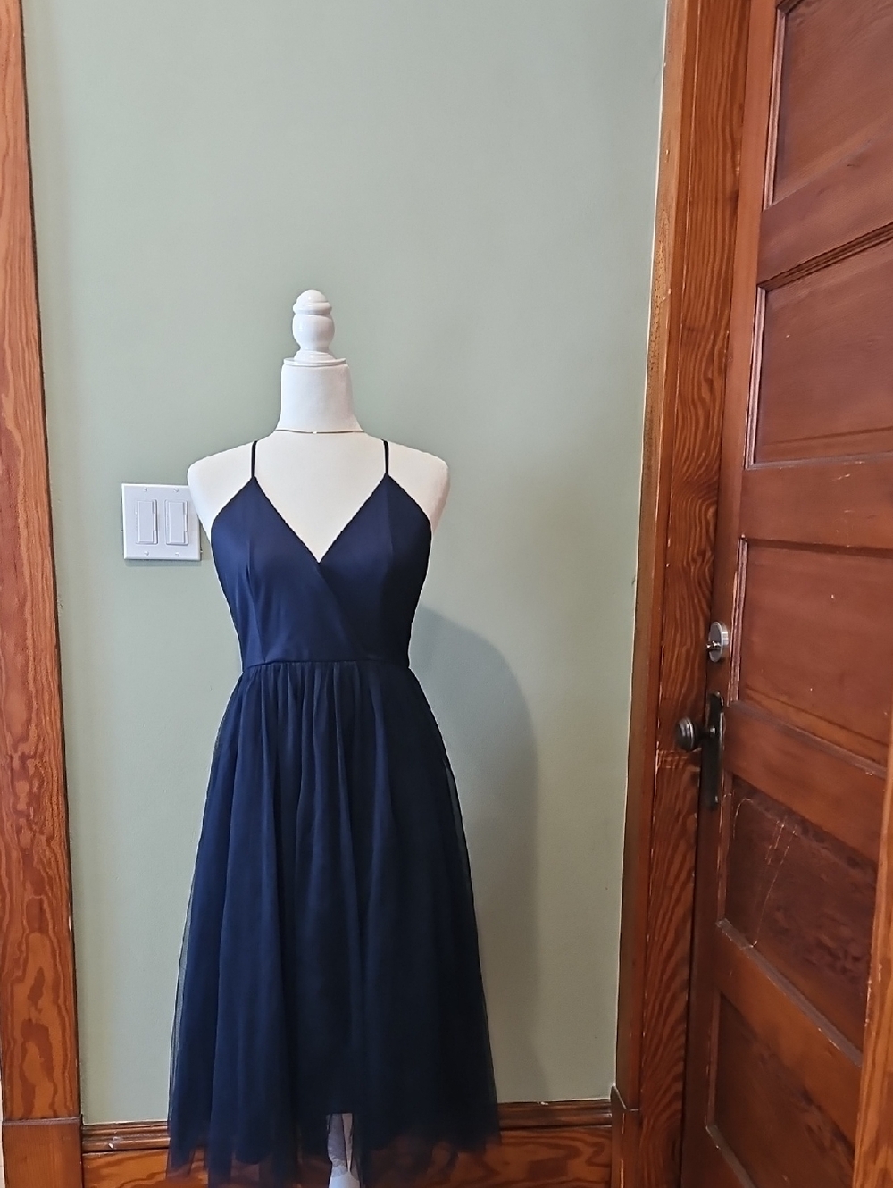 Navy Spaghetti-Strap V-Neck Midi Dress